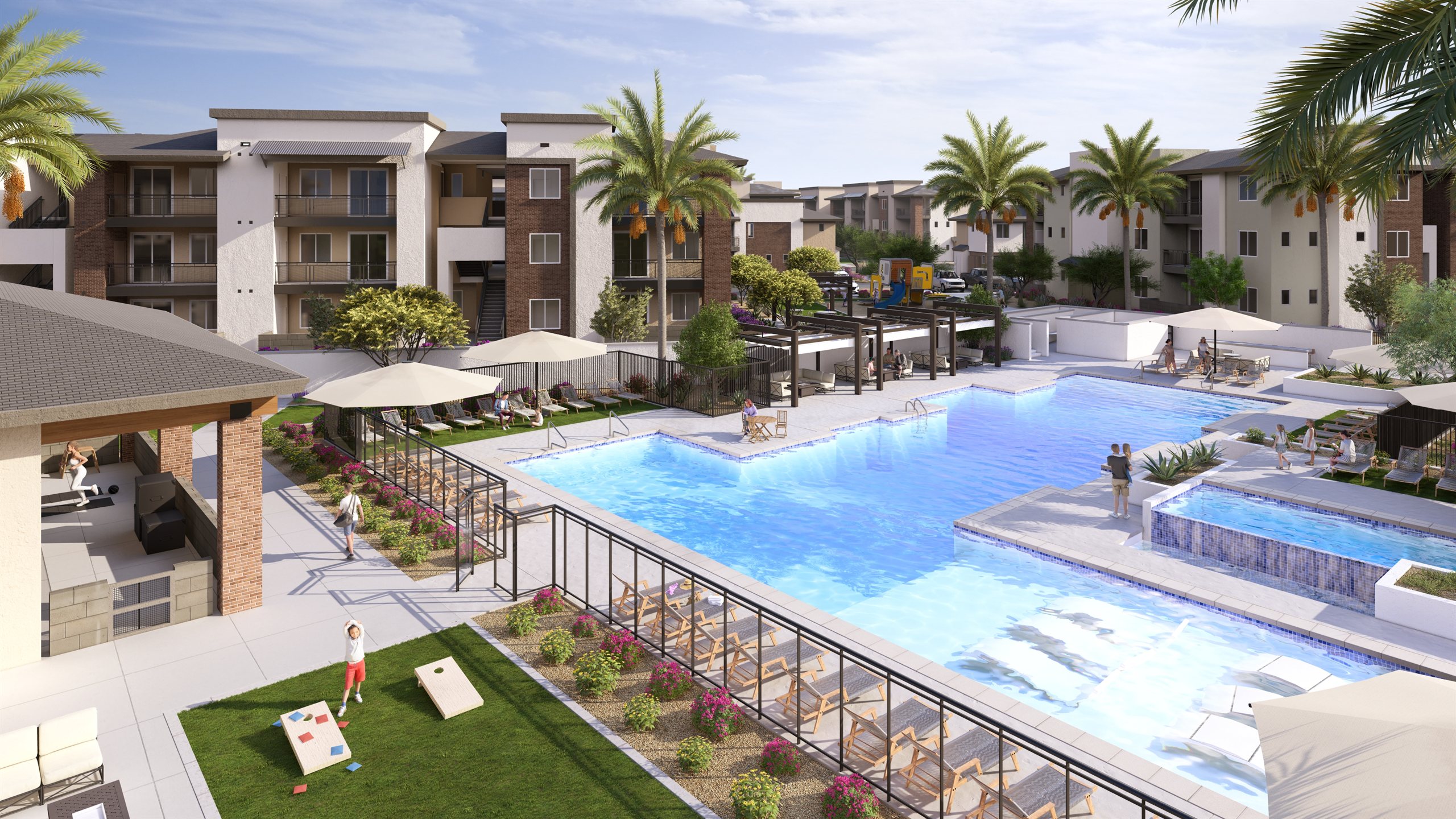 The Stately Mystic Townhomes rendering — pool view